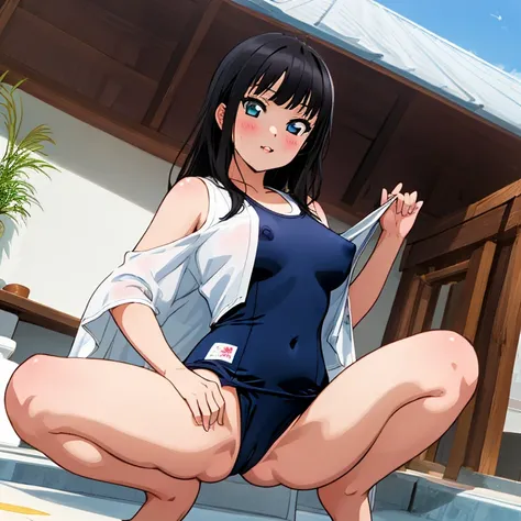 masterpiece,best quality,ultra detailed, best illustration, nsfw, 1girl, black_hair, KK-70, blue one-piece swimsuit