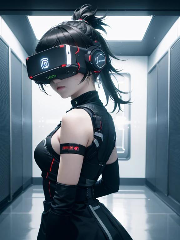 ((highest quality)), ((masterpiece)), (very detailed:1.3), 3D, beautiful (cyber punk:1.3) Female Hacker, mohican hairstyle, Back to Viewer, dark hair, operating computer terminals, (head mounted display):1.5, computer server, LCD Screen, fiber optic cable,...