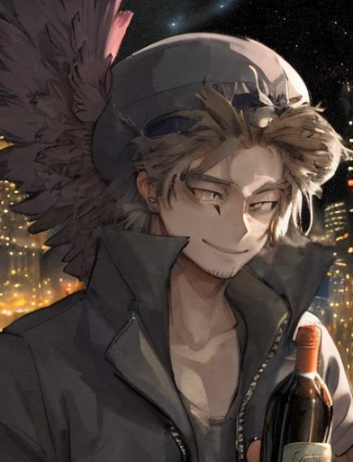 hawk,bottle of wine,drunk man,night scene,street light,blurred background,detailed feathers,expressive eyes,loose clothing,tilted hat,mischievous smile,anime style,rich colors,vibrant atmosphere,strong lighting,urban setting,late night,shadowy figures,neon...