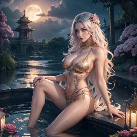 MASTERPIECE, Stunning, Spectator, reality, full body in shot, standing pose, high heel golden sandals, white long hair, long curly hair, Real water, bath in river pond, extremely detailed art, blush, water runs down the body, busty breasts, open legs, sexu...