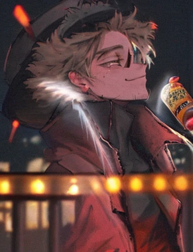 hawk,bottle of wine,drunk man,night scene,street light,blurred background,detailed feathers,expressive eyes,loose clothing,tilted hat,mischievous smile,anime style,rich colors,vibrant atmosphere,strong lighting,urban setting,late night,shadowy figures,neon...