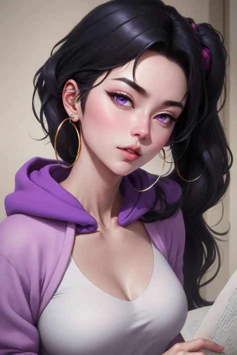 { - anatomy error} (Masterpiece - Ultra-detailed, very high resolution) , absurdities, Hinata(Boruto), 1girl, alone,Mature female, Purple hood, layered white sleeves, jeans, perfect composition, full lips, big chest, beautiful face, body proportion, blushi...