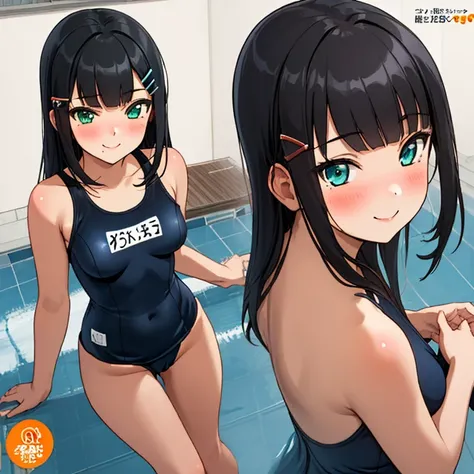 masterpiece,best quality,ultra detailed, best illustration, nsfw, 1girl, black_hair, KK-70, blue one-piece swimsuit, black_hair, bangs, long_hair, hair_ornament, blunt_bangs, blush, green_eyes, smile, hairclip, aqua_eyes