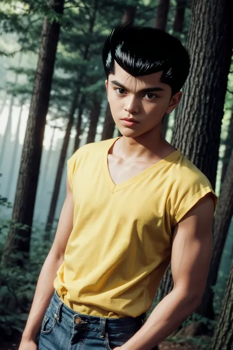 masterpiece, best quality, 1boy, yusukeurameshi, 1boy, black hair, brown eyes, yellow t-shirt, looking at viewer, forest backgro...