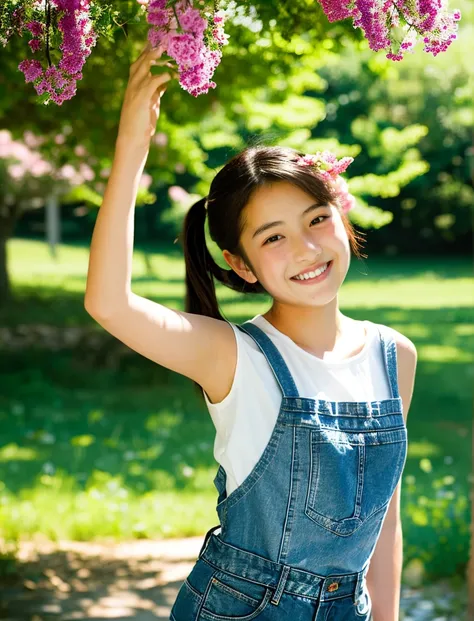 Japanese、Beautiful girl wearing a sleeveless T-shirt、denim ummer countryside、14 years old、shade of a tree、Pigtails、Spinning、Smile