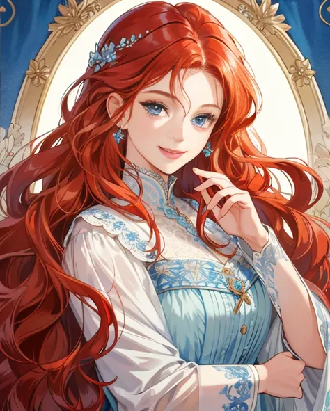 (extremely delicate and beautiful:1.2), 8k,(masterpiece:1.0),(best_quality:1.0), 1girl, mature woman, complex details, enlarged textures, complex details, finely detailed eyes and detailed face, intricate details, long redhead wavy hair, smile face, perfec...