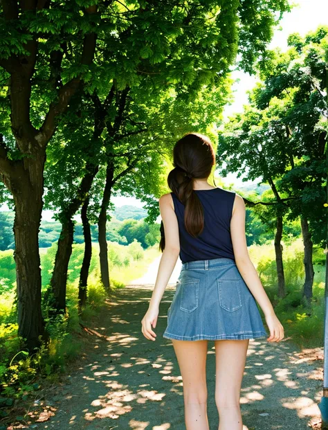 Japanese、Beautiful girl wearing a colored sleeveless T-shirt、denim mini skirt、knees、Summer countryside、14 years old、shade of a tree、With bangs、Spinning、in the forest、peek from behind a tree、ponytail、