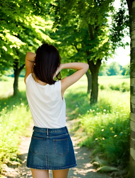 Japanese、Beautiful girl wearing a colored sleeveless T-shirt、denim mini skirt、knees、Summer countryside、14 years old、shade of a tree、With bangs、Spinning、in the forest、peek from behind a tree、ponytail、