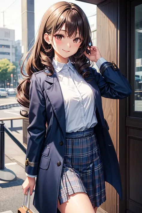 A 22 years old university student Japanese girl ((slender, small breast)),  dark beige curly ponytail (( very short, her right eye is hidden behind her long swept hair:1.4, slender smooth curly hair )),kelt blue long skirt, blue tartan chesterfield coat, T...