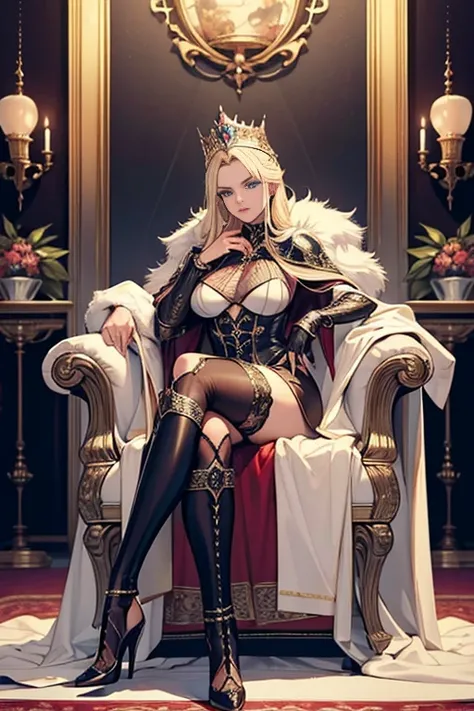 ((best quality)), ((masterpiece)), (detailed),High quality, Ultra detailed, best quality, insanely detailed, beautiful, masterpiece,
blonde blue eyes,long mink cloak,Queen,queen,20s,Long blonde,rich platinum blonde,Scale armour,bikini armour,dragon, suit,t...