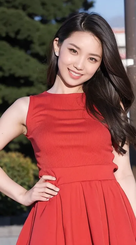 detailed,clear lines,best quality, master piece,Bright and dark light,Big sunset、Canon Photo Crystal Clear ,（realistically:1.2）, (red casual mini skirt dress)、sexy pose,A sloppy smile、Glamour body type、medium long hair、(the wind is strong)、drive-in