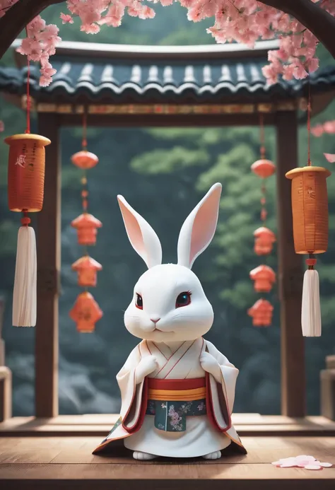 cute white rabbit３D image、wearing a kimono、thinking about something fun、brings happiness、The background is a shrine