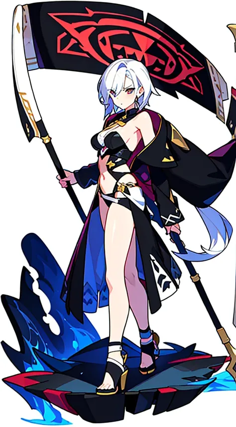 bustier, (((white background))), standing, fantasy clothes, scythe, bare legs,
