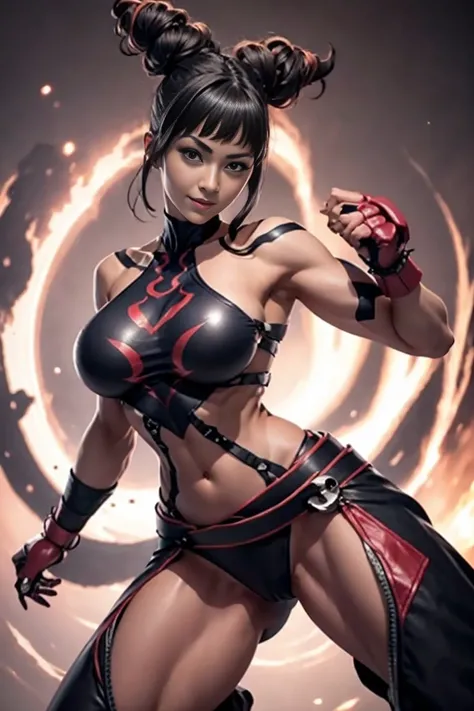 Arafe woman han juri solo、Fighting Game Fighter、Fitness Model、Big breasts about to burst、No exposed skin、thin and long legs,、Fitness Body Shape、Pose ready to fight、battle look, close up 