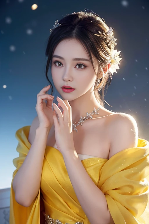 The Snow Queens heart in yellow luxury dress is as cold as the ice that surrounds her, but there is a glimmer of warmth buried deep within. Describe the Queens inner turmoil and the moments when her icy exterior cracks to reveal her true emotions.