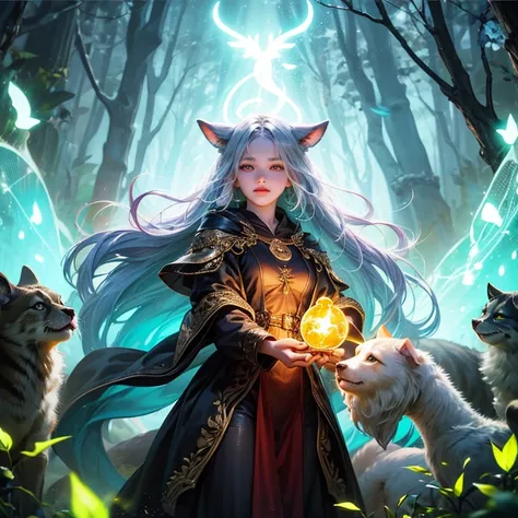 girl and animals energy in animals glowing neon chemiluminescence helping in the forest mystical magic