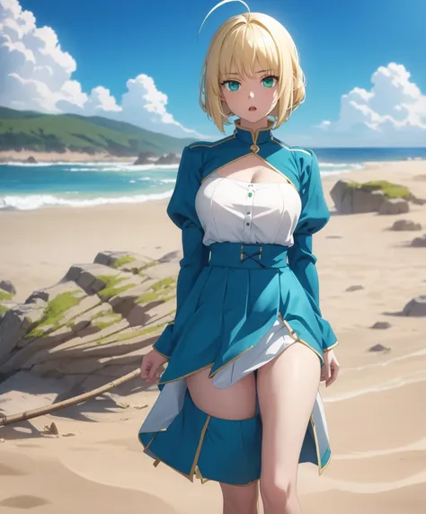 1girl,masterpiece, best quality, high resolution, green eyes, blue miniskirt, blue skirt, white blouse, short blouse, big breasts, nice breasts, pretty, blue skirt, blonde hair, blonde, ahoge hair beach, sand, sea :o