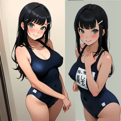 masterpiece,best quality,ultra detailed, best illustration, nsfw, 1girl, black_hair, KK-70, blue one-piece swimsuit, black_hair, bangs, long_hair, hair_ornament, blunt_bangs, blush, green_eyes, smile, hairclip, aqua_eyes