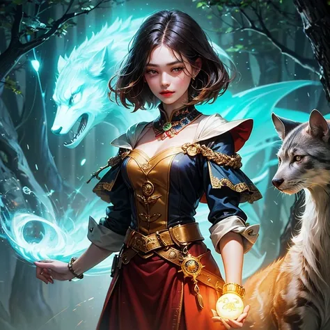 girl and animals energy in animals glowing neon chemiluminescence helping in the forest mystical magic