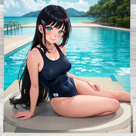 masterpiece,best quality,ultra detailed, best illustration, nsfw, 1girl, black_hair, bangs, long_hair, hair_ornament, blunt_bangs, blush, green_eyes, smile, hairclip, aqua_eyes, KK-70, blue one-piece swimsuit, 