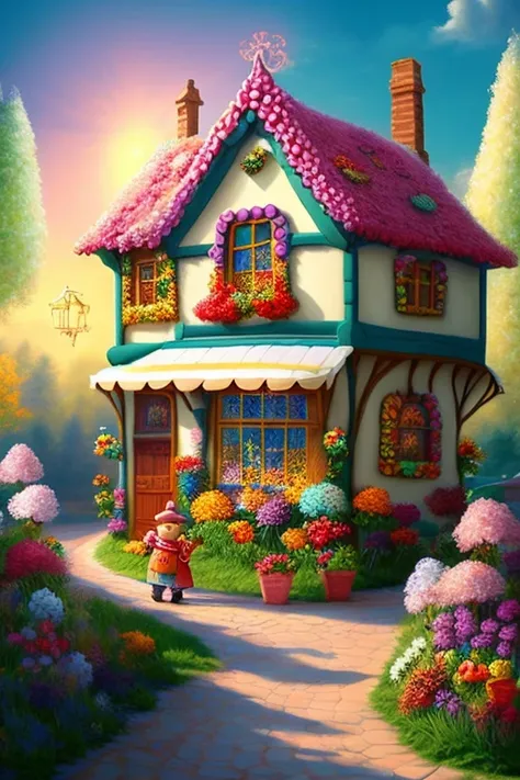 and even the houses are intricately crafted from colorful candies and sugary delights. The sun sets over a picturesque landscape, casting long shadows on the pathways paved with gummy bears and honeycomb blocks. A local villager, adorned in a cav suspiciou...