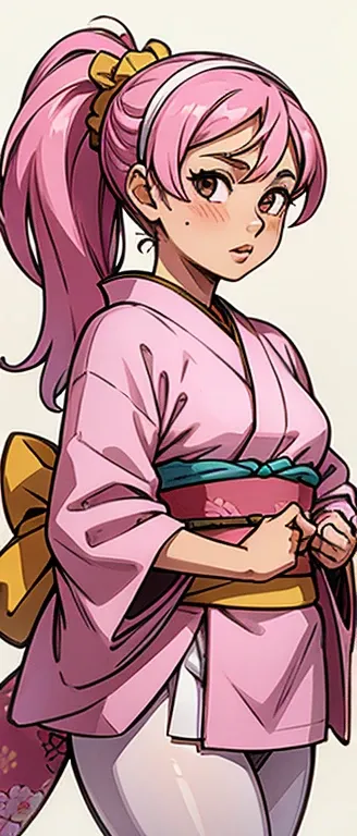 irisA, ponytail, pigtails, pink hairband, kimono, large pink bow, white tights