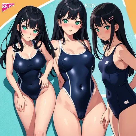 masterpiece,best quality,ultra detailed, best illustration, nsfw, 1girl, black_hair, bangs, long_hair, hair_ornament, blunt_bangs, blush, green_eyes, hairclip, aqua_eyes, KK-70, blue one-piece swimsuit,