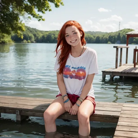 Young woman. Caucasian with freckles. She is sitting on a wooden dock with her feet in the water. Wearing tie-dyed tshirt and friendship bracelets. She is smiling.