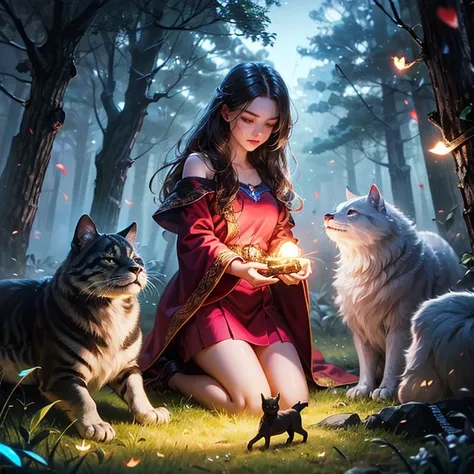 Girl and animals Energy in animals Glowing neon Chemiluminescence Helping In the forest Mystical Magic A girl who can use magic touches a fallen animal and saves it.