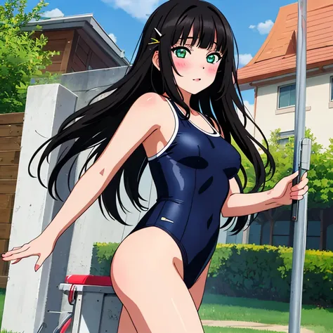 masterpiece,best quality,ultra detailed, best illustration, nsfw, 1girl, black_hair, bangs, long_hair, hair_ornament, blunt_bangs, blush, green_eyes, hairclip, aqua_eyes, T46405, blue one-piece swimsuit