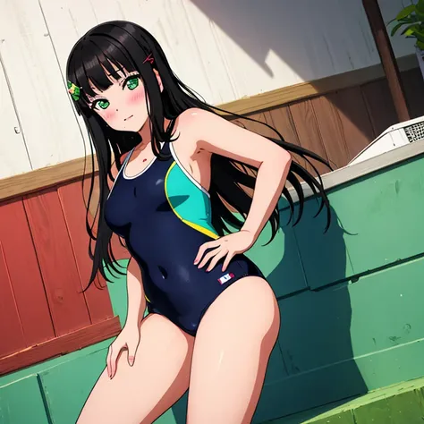 masterpiece,best quality,ultra detailed, best illustration, nsfw, 1girl, black_hair, bangs, long_hair, hair_ornament, blunt_bangs, blush, green_eyes, hairclip, aqua_eyes, T46405, blue one-piece swimsuit