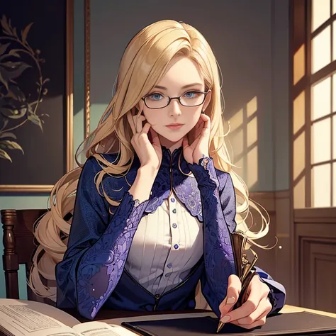 ((best quality)), ((masterpiece)), (detailed),High quality, Ultra detailed, best quality, insanely detailed, beautiful, masterpiece, Glasses,20s,Female,Wizard,Female Teacher,Blonde hair,Blue eyes,Caucasian,Evil female executive,A little more mature