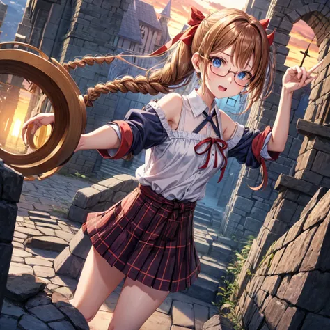 reddish-brown blonde、blue hair、blue eyes、ponytail、Braid、one good looking girl、solo、anime、Plaid miniskirt、camisole、black t-shirt、Tilting your face、Doing the ribbon、Ribbon at waist、sunset sky、broken stone stairs、tunnel、Fallen leaves、wearing glasses、Light and...