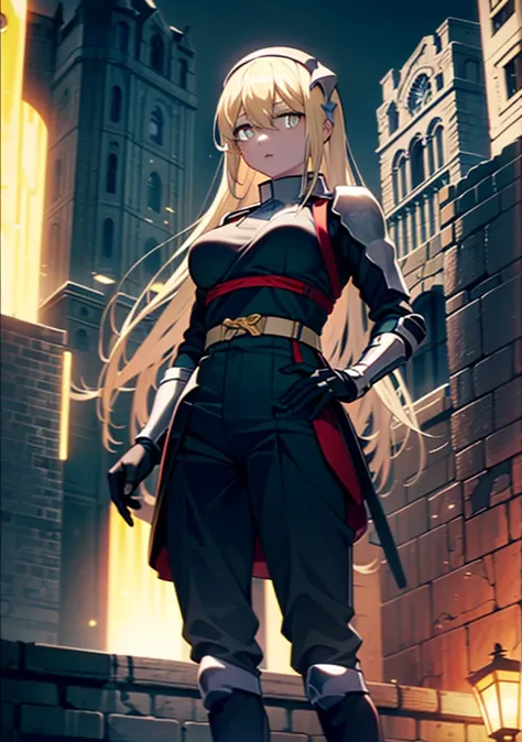 Eiswallenstein, Behind Wallenstein, blonde hair, hair between eyes, hair band, long hair, ,(yellow eyes:1.5), serious,black ninja uniform,ninja,black shinobi pants,Place your right hand on your waist,boots,medieval european style building,Looking down from...