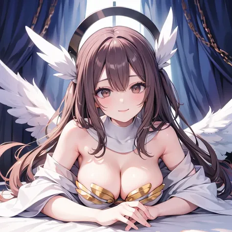 Brown hair, white eyes, large breasts, sexy, beautiful body, masterpiece, bedroom, smile, angel wings