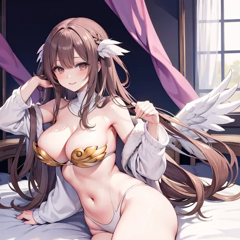 Brown hair, white eyes, large breasts, sexy, beautiful body, masterpiece, bedroom, smile, angel wings