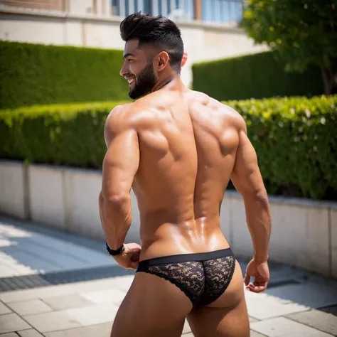 Make a very detailed picture of a shirtless male named Kasai that is 6 feet 2 inches tall male twunk with big pecs, thicc ass, curvy figure, toned flat stomach, and back length curly black hair ties into a man bun showing off his thicc ass in lace panties ...