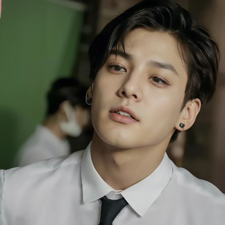 Jungkook with a serious expression wearing formal clothes, cara de marrento, bravo, inspiration from bts jungkook, coreano, do cabelo bonito, cabelo castanho e jogado de lado, inspirado em Jeon Jungkook da banda BTS Bangtan boys, foco no cabelo