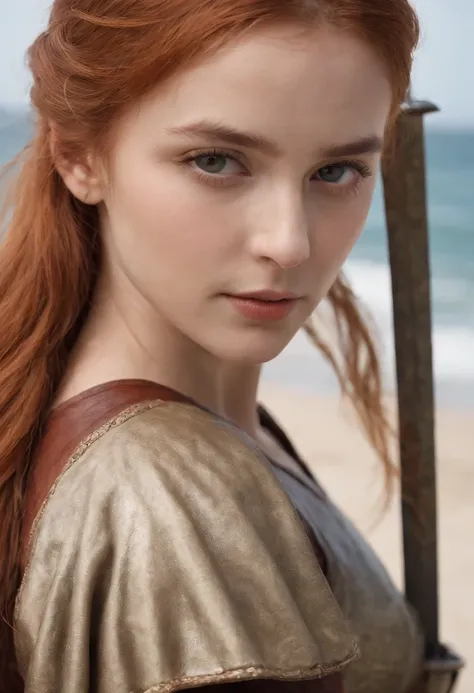 手に剣を持った女の子のwhole bodyの写真、Norwegian girls、beautiful 13 year old girl、Redhead ponytail、dusty face、wearing leather armor、Girl standing against the background of a sandy beach、Wind、whole bodyのphotorealism、sharp focus、realな顔の肌、heavy atmosphere、view、erotic face、...