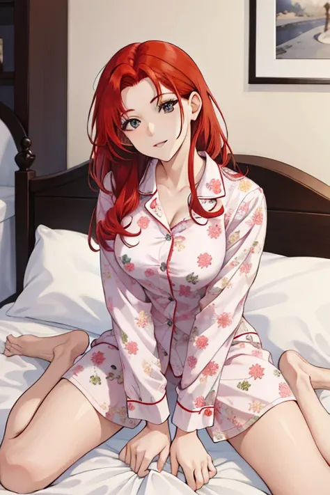 There is a woman sitting on a bed wearing pink floral pajamas, Garota ruiva, beautiful mulher ruiva, mulher ruiva, young Garota ruiva, cabelo ruivo curto e brilhante, red hair and attractive features, Anna Nikonova aka Newmilky, Garota ruiva, ruiva, linda ...