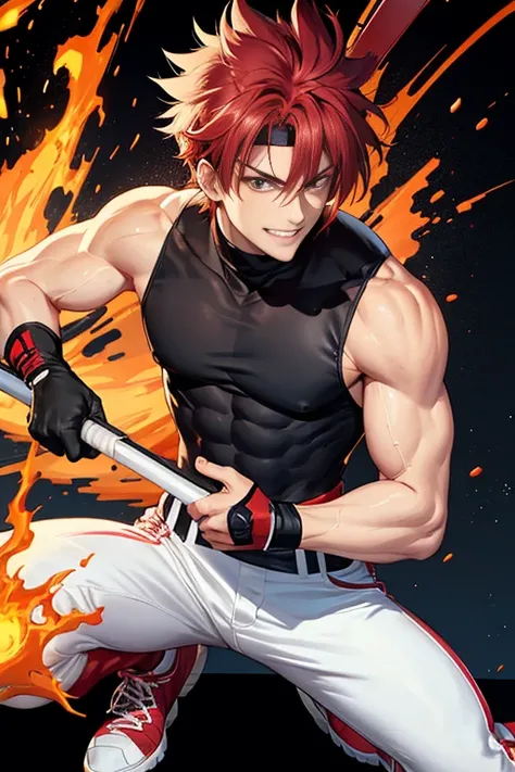 Two-dimensional, anime style, 1 man , solo, (male warrior), Sol Badguy , slim body, full body, correct proportions, white pants, sleeveless red jacket , red bandana on his head, black tank top with turtleneck, black shoes, wearing sleeveless black gloves,w...