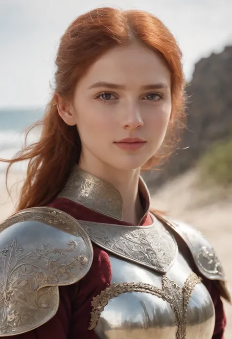 手に剣を持った女の子のwhole bodyの写真、Norwegian girls、beautiful 13 year old girl、Redhead ponytail、dusty face、wearing leather armor、Girl standing against the background of a sandy beach、Wind、whole bodyのphotorealism、sharp focus、realな顔の肌、heavy atmosphere、view、erotic face、...