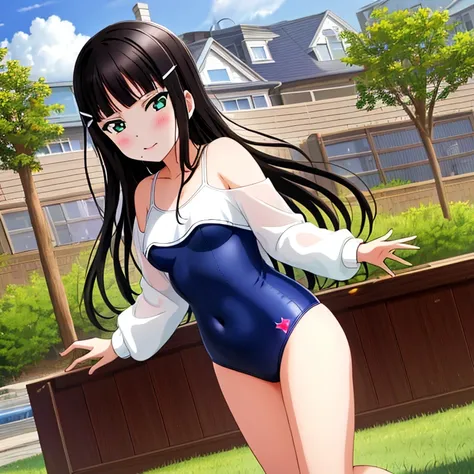 masterpiece,best quality,ultra detailed, best illustration, nsfw, 1girl, black_hair, bangs, long_hair, hair_ornament, blunt_bangs, blush, green_eyes, hairclip, aqua_eyes, T46405, blue one-piece swimsuit