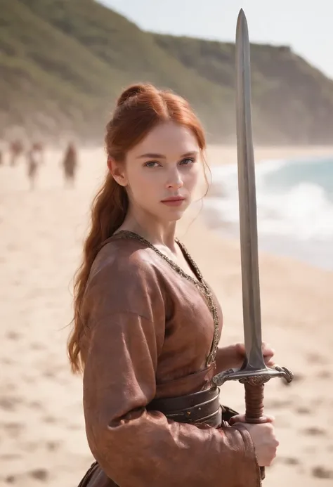 Full body photo of a girl with a sword in her hand、Norwegian girls、beautiful 13 year old girl、Redhead ponytail、dusty face、Medieval dress、Dressed in leather clothes、Girl standing against the background of a sandy beach、Wind、全身のphotorealism、sharp focus、realな...