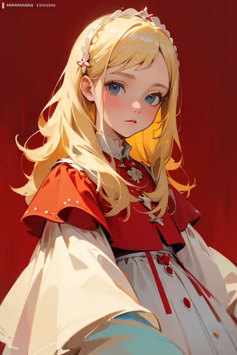 Blonde girl in a red dress with red and white polka dots, girl of the alps, blonde hair princess, Inspired by Heinrich Maria Davlinghausen,  in a dress, portrait of Nordic girl, National costume, blonde swedish woman, digital coloring, Otto Abt, colored il...