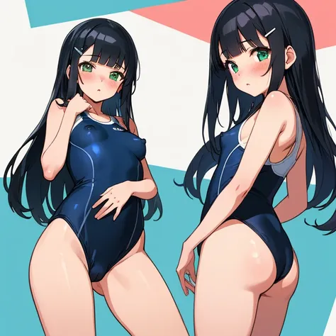 masterpiece,best quality,ultra detailed, best illustration, nsfw, 1girl, black_hair, bangs, long_hair, hair_ornament, blunt_bangs, blush, green_eyes, hairclip, aqua_eyes, T46405, blue one-piece swimsuit