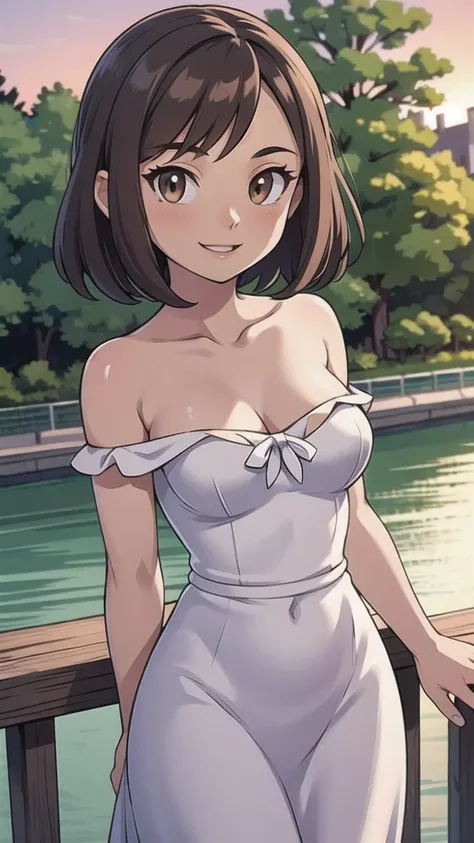 Bianca (pokemon heroes), 1 girl, solo, short hair, brown hair, brown eyes, bare shoulders, strapless, off shoulders, ruffle alluring attire top, white maxi dress, close up headshot, intricate details, sharp focus, high resolution, the background of beautif...