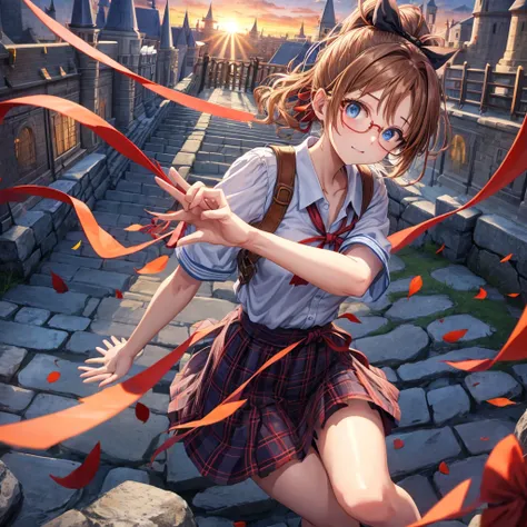 reddish-brown blonde、blue hair、blue eyes、ponytail、one good looking girl、solo、anime、Plaid miniskirt、camisole、black t-shirt、Tilting your face、Doing the ribbon、Ribbon at waist、sunset sky、broken stone stairs、tunnel、Fallen leaves、wearing glasses、Light and shado...