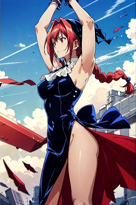 masterpiece, highest quality,High resolution,Dorothy, redhead,red eyes,Braid,  cowboy shot, Composition from the front、upper body up、black dress、anime、beautiful、raise your arms、both armpits