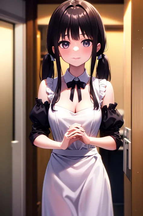 Takiinoue, Takina Inoue, long hair, bangs, twin tails, black hair, (purple eyes:1.2),blush,smile,Maid clothes, hair ornaments,medium chest cleavage, maid headd again ss, removed sleeve, ribbon,break indoors, Cafe,break looking at viewer, (cowboy shot:1.5),...